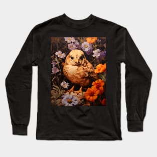 Retro Vintage Art Style Baby Chick in Field of Wild Flowers - Whimsical Farm Long Sleeve T-Shirt